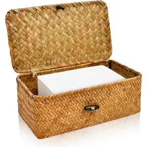 Dryer Sheet Holder, Woven Seagrass Dryer Sheet Container with Lid, Farmhouse Dryer Sheet Box Decor, Dryer Balls Dispenser for Laundry Room Organization and Storage-Natural Color