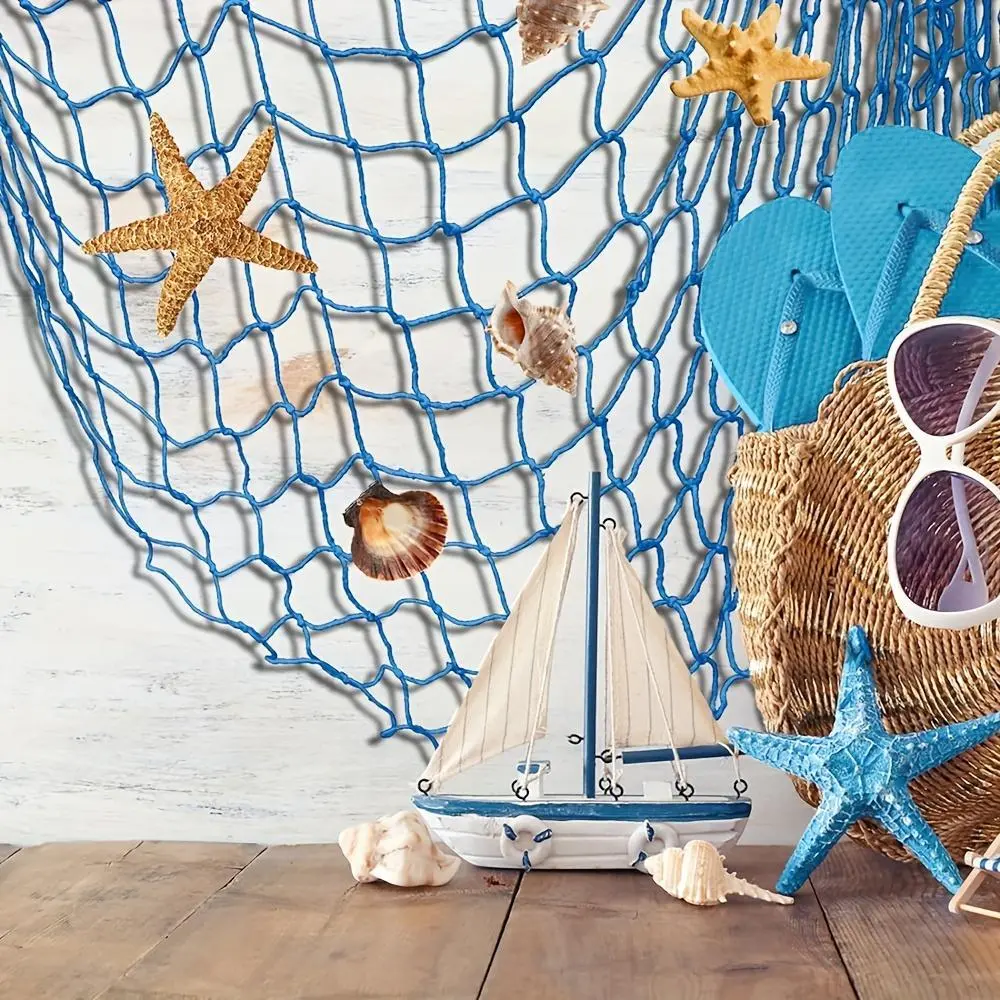 Nautical Blue 1pc Fishing Net Wall Decor with Seashells - Art Deco, Ocean Inspired Design Wall Hanging for Home & Office, Perfect for Beach, Ocean Themes, Decorative Netting, Conch Shell Accents, Coastal Home Decor