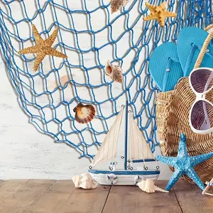 Nautical Blue 1pc Fishing Net Wall Decor with Seashells - Art Deco Fabric Wall Hanging for Home & Office, Ideal for Living Room, Indoor Use, Perfect for Beach, Ocean & Mermaid Themes, Decorative Netting | Conch Shell Accents, Coastal Home Decor
