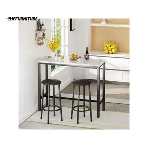 New 2024  3 Piece Pub Modern Faux Marble Counter Height Bistro with 2 PU Leather Stools Space Saving Rectangular Table and Chairs Set for Kitchen Dining Room Bar Small Aaprtment Home Decor Ideas