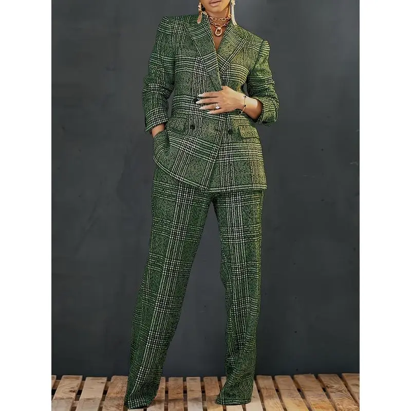Women's Elegant Longsleeves Woven Plaid Blazer Suit Set, Green Double-Breasted Notched Lapel Polyester-Spandex Blend, Pocket Detail Regular Fit Casual Sports Outerwear Clothes