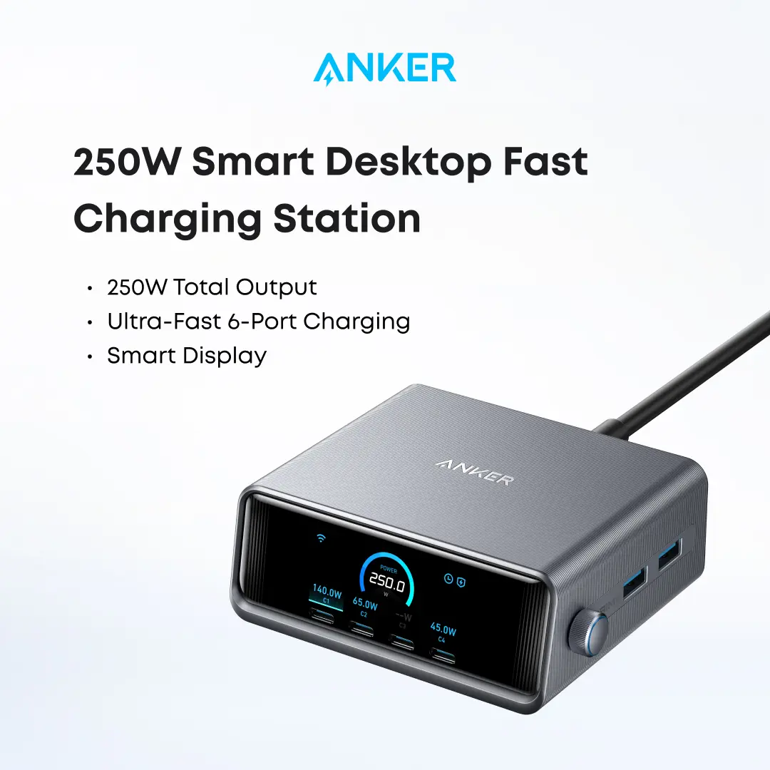 [Limited Offer] Anker Prime Charger, 250W GaN Prime USB-C Charging Station, Ultra-Fast 6 Ports, 2.26" LCD Display and Smart Control Dial (Silver)