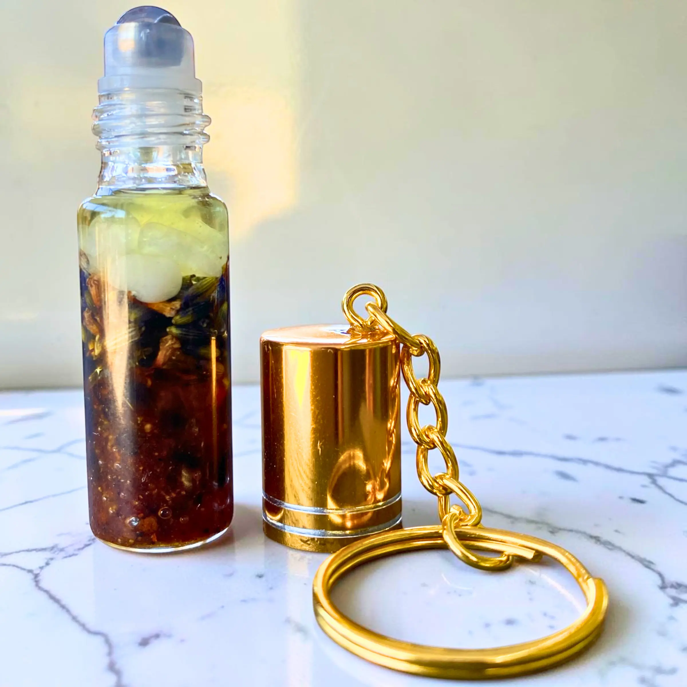Nibiru Beauty LLC Spirituality Crystal Charm Oil Keychain - Lightweight Fashion Accessory with Calming Lavender, Myrrh Essential Oil Roll-On, Moonstone, Smoky Quartz for Relaxation