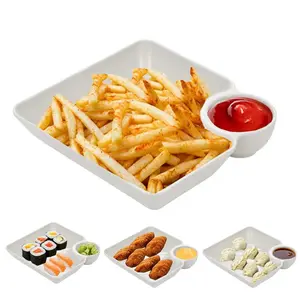 4-Piece Set Plastic Dumpling Plates with Sauce Compartment, Salad Serving Plates, Snack and Sushi Dishes for Appetizers, Tortilla Dip, Fruit, Ideal for Parties and Picnic