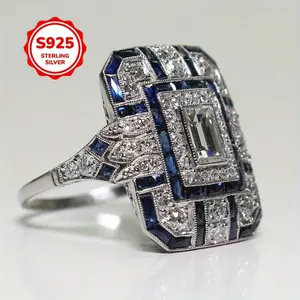 4 Retro Luxury 925 Sterling Silver Women'S Synthetic Blue And White Zirconia Exaggerated Style Rings, Classic Women'S Engagement Jewelry Neutral Style Women'S Rings