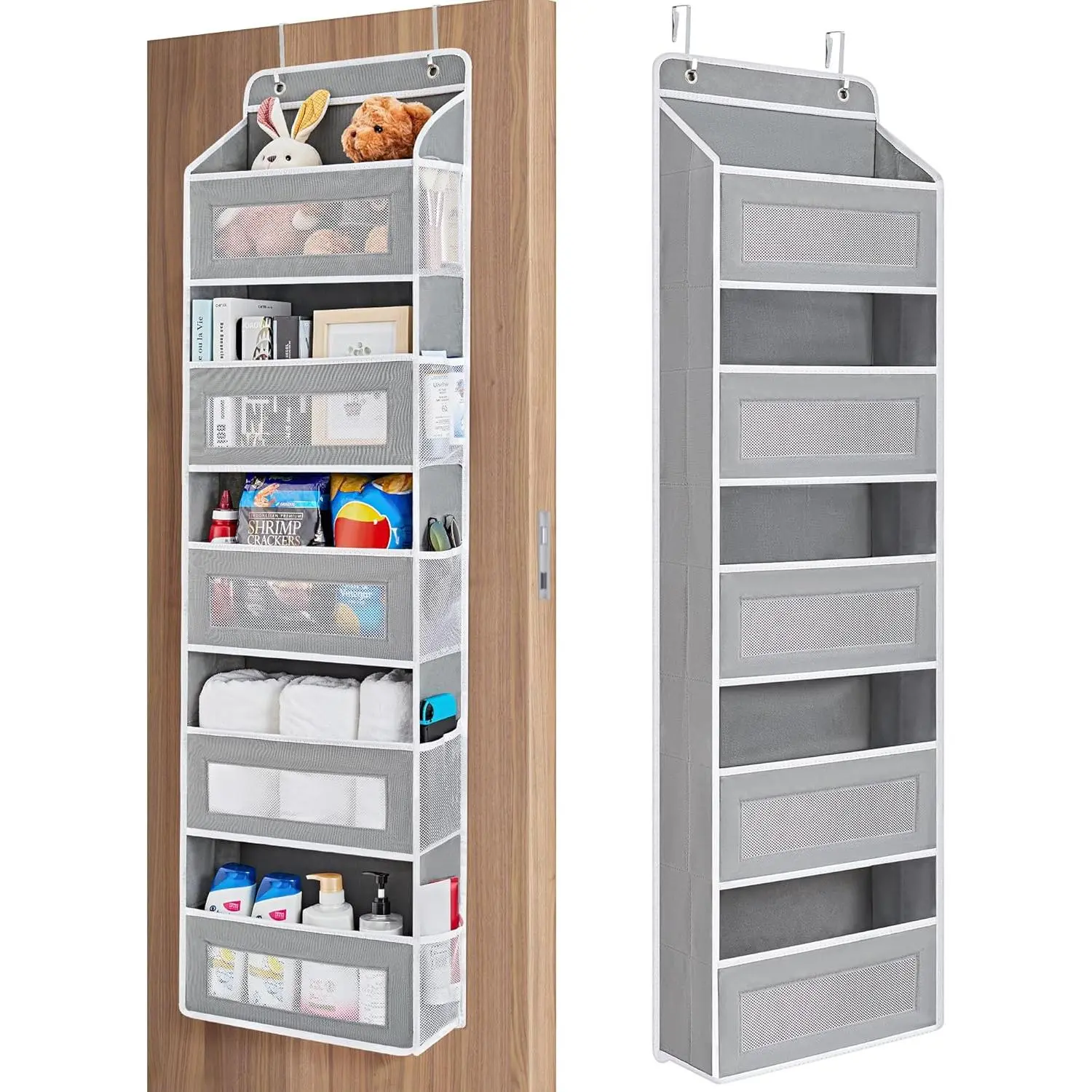 Over The Door Organizer Storage, 5 Shelf Hanging Door Organizer with 5 Large Capacity Pockets, Anti Tilt 44 lb Load Behind Door Storage for Bedroom, Bathroom, Pantry, Nursery, (Grey)