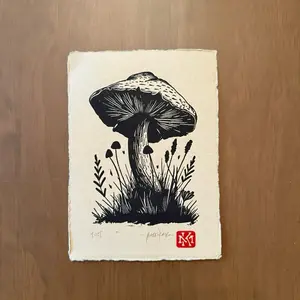 Handprinted Mushroom Linocut Print 5”x7" on 250gsm Handmade India Paper Artwork by Marko Katro Limited Edition of 100