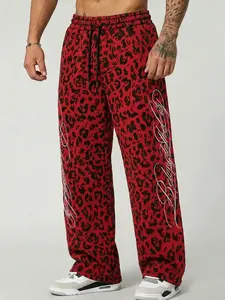 Men's Red Leopard Print Wide Leg Sweatpants, Streetwear Athleisure Joggers, Multi-Wear Light Outdoor Pants, Ultra-Soft Comfortable Functional Trousers for Gym, Casual Daily & Urban Street Style Y2K Streetwear