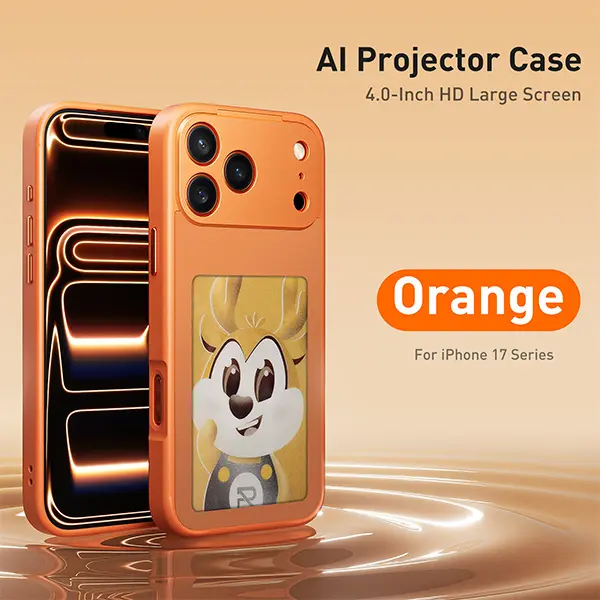 TapSmart Orange AI Projector Casing for iPhone 17 Series, 4.0-Inch HD Large Screen, NFC E-Ink, Wireless Transmission, DIY Screen, Aesthetic Protective Smartphone Cellphone Devices Accessories Gift, Protection
