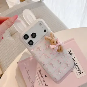 3D Ears Pastel Pink Rabbit Silicone Protective Case Cover For iPhone 17 16 15 14 Pro Max—Trendy Best-Seller