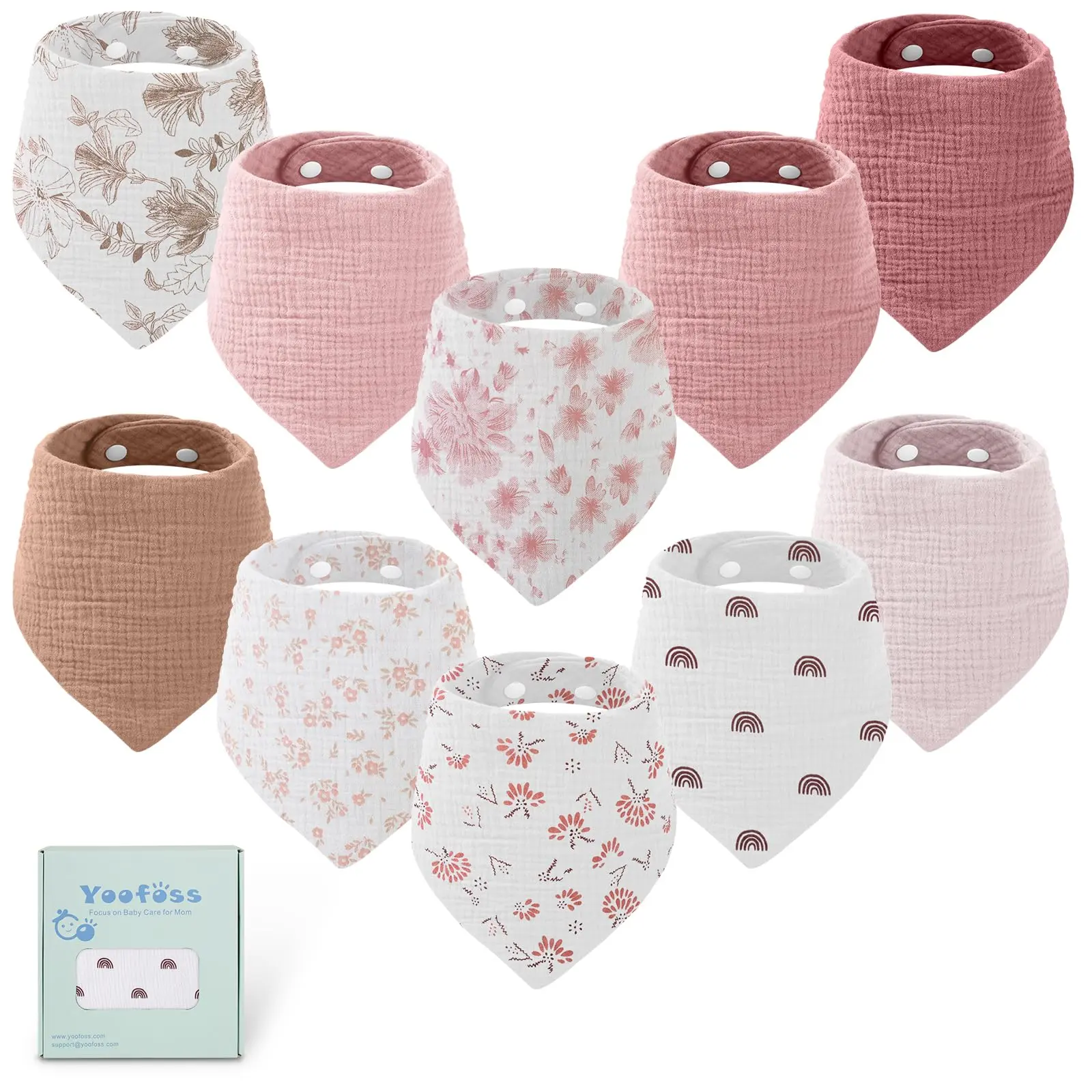 Yoofoss 10-Pack 100% Cotton Muslin Bandana Bibs, 6-Layer Soft Absorbent Feeding Bibs, Breathable Cloth Bibs, 1-Size for Boys & Girls