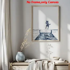 1 Pc, Wall Art, Vintage Poster, Happy Dog Jumping Off Dock Print, Beach House Lake Water Canvas Painting, Artistic Living Room Aesthetic, Bedroom Decor, Apartment Decor, Modern Home Decor, Housewarming Gift, Unframed, Decorative Artwork