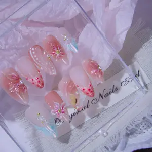 Pink Cherry Blossom 3D Flower Press On Nails, Handmade Reusable Almond Fake Nails