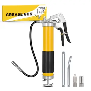 GOOACC Grease Gun 8000 PSI Heavy Duty 14oz Pistol Grip Grease Gun Kit with 18" Spring Flex Hose Sharp Type Nozzle Normal Coupler Rigid Pipe Manual Grease Guns for Greasing Automotive Marine, Yellow