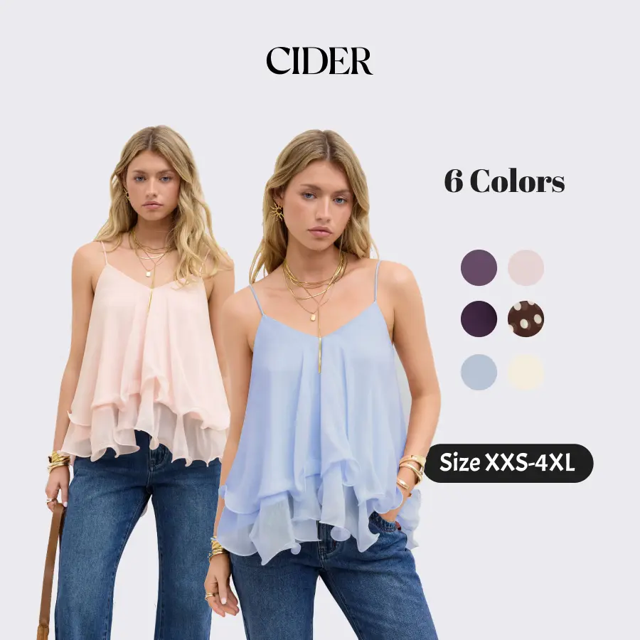 Cider Ruffle Knotted Cami Top – Flattering Layered Mesh Tank for Women, Conceals Bra Side, Soft Summer Top for Date Night & Beach Camisole Womenswear SummerWins SummerFinds