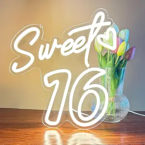Sweet 16 Neon Sign for Wall Decor Personalized Sixteen Birthday Light Sweet 16 LED Light Sign Sweet Girl Bedroom Happy Birthday Party Wall Decor Party Gift Warm White Usb Power