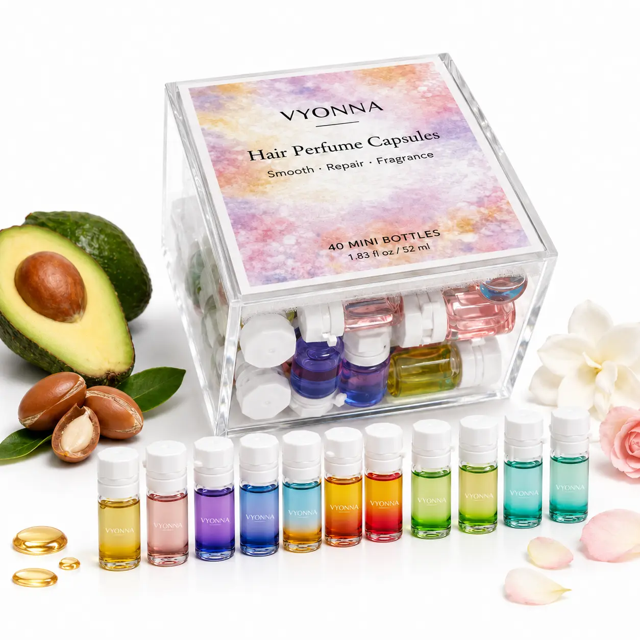 【VYONNA】2-in-1 Perfume Hair Capsules, 40 Mini Bottles with 10 Scents, Serum with Argan, Avocado & Amino Acids for Frizzy, Dry & Damaged Hair, Lightweight Non-Greasy, Long-Lasting Scent Daily Aroma Oil Nourishing Flower Fragrance, Haircare
