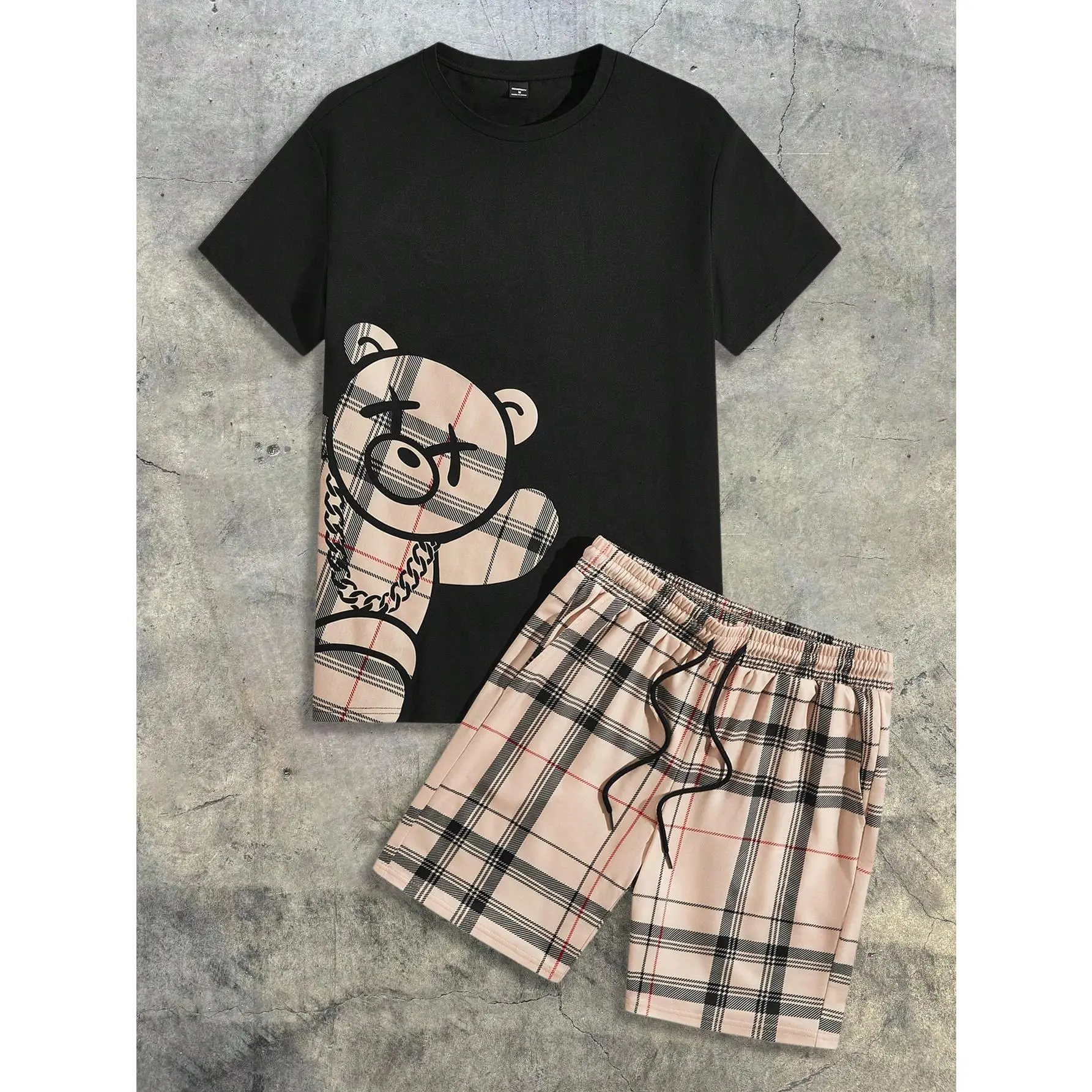 Men's 2-Piece Plaid Set, Shortsleeve Graphic T-Shirt and Shorts, Casual Matching Loungewear for Couples, Menswear, Unisex, Checked, Elastic, Breathable, Men's 2 Piece Sets, Drawstring Waist, Checkered, Fabric, Clothes, Outfits, 2 Piece Mens