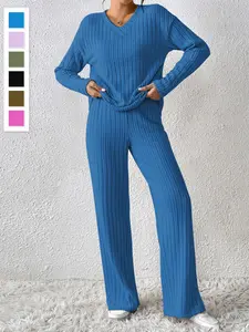 Women's Fall Winter Casual Two-Piece Set, Plain Fitted Design, Long Sleeve & Straight Leg Pants, Perfect for Daily Wear