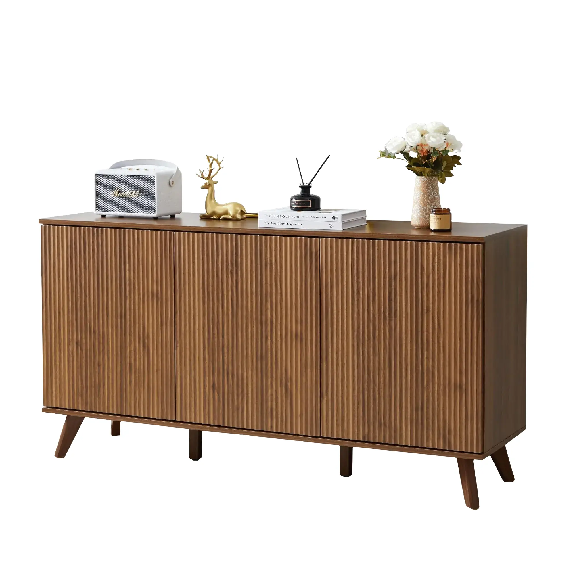 Giratree Fluted Sideboard Buffet Cabinet with Storage, Modern Storage Cabinet with 3 Doors, Wood Credenza Buffet Sideboards, Bar Cabinet Console Table for Kitchen Dining Living Room Entryway
