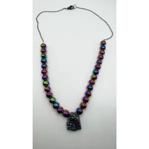 After Dark Necklace - Electroplated Rainbow Glass Beads & Natural Agate Druzy Pendant - 22 Inch Statement Beaded Necklace with Silver Tone Findings
