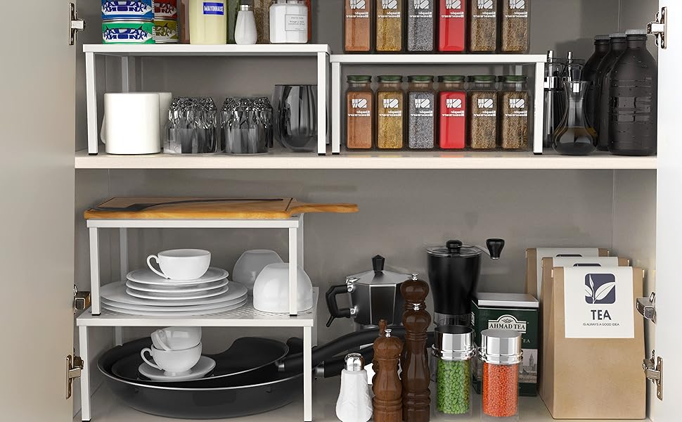 Expandable Stackable Kitchen Counter Shelf Organizer, White, Metal Top, 11.25"L x 7.9"W x 5.4"H