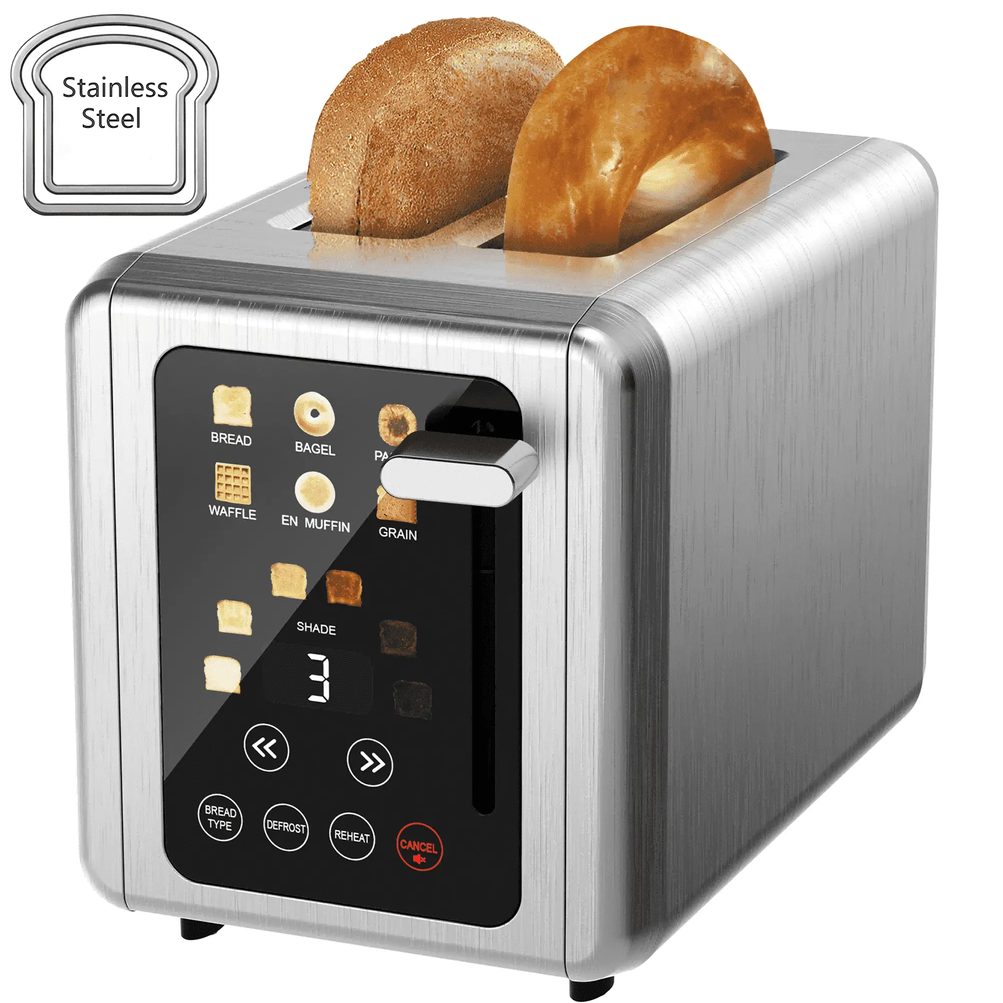 WHALLULTRA 2-Slice Touchscreen Toaster, Stainless Steel, 1.5" Wide Slots, Bagel & Defrost Functions, 850W Kitchen Bread Toaster