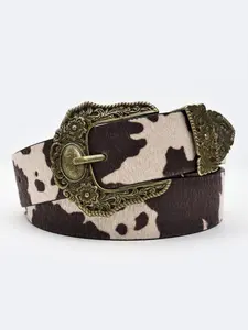 Men's Cow Print Faux Fur Belt, Boho Silver Color Buckle and Studs Design, Street Style Jeans Pants Accessory, Statement Belts