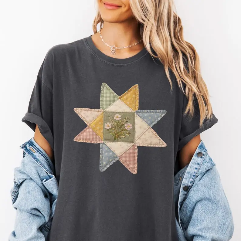 Comfort Colors Quilt Star Patchwork Tee Cottagecore TShirt Boho Quilt Graphic Top, Vintage Quilt Star Shirt, Aesthetic Floral Tee