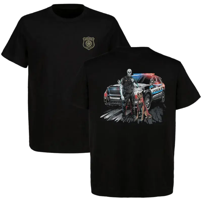 WORKMAN CORRECTIONS T-Shirt – Law Enforcement Tee Featuring Left Chest Badge Logo & Skull Police Officer K9 Dog Cruiser Back Graphic, Thin Blue Line Style Design Novelty Gift for Police, Deputies & K-10 Supporters, Menswear Medium Men's