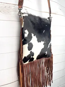 Brown & White Cowhide Fringe Crossbody Bag