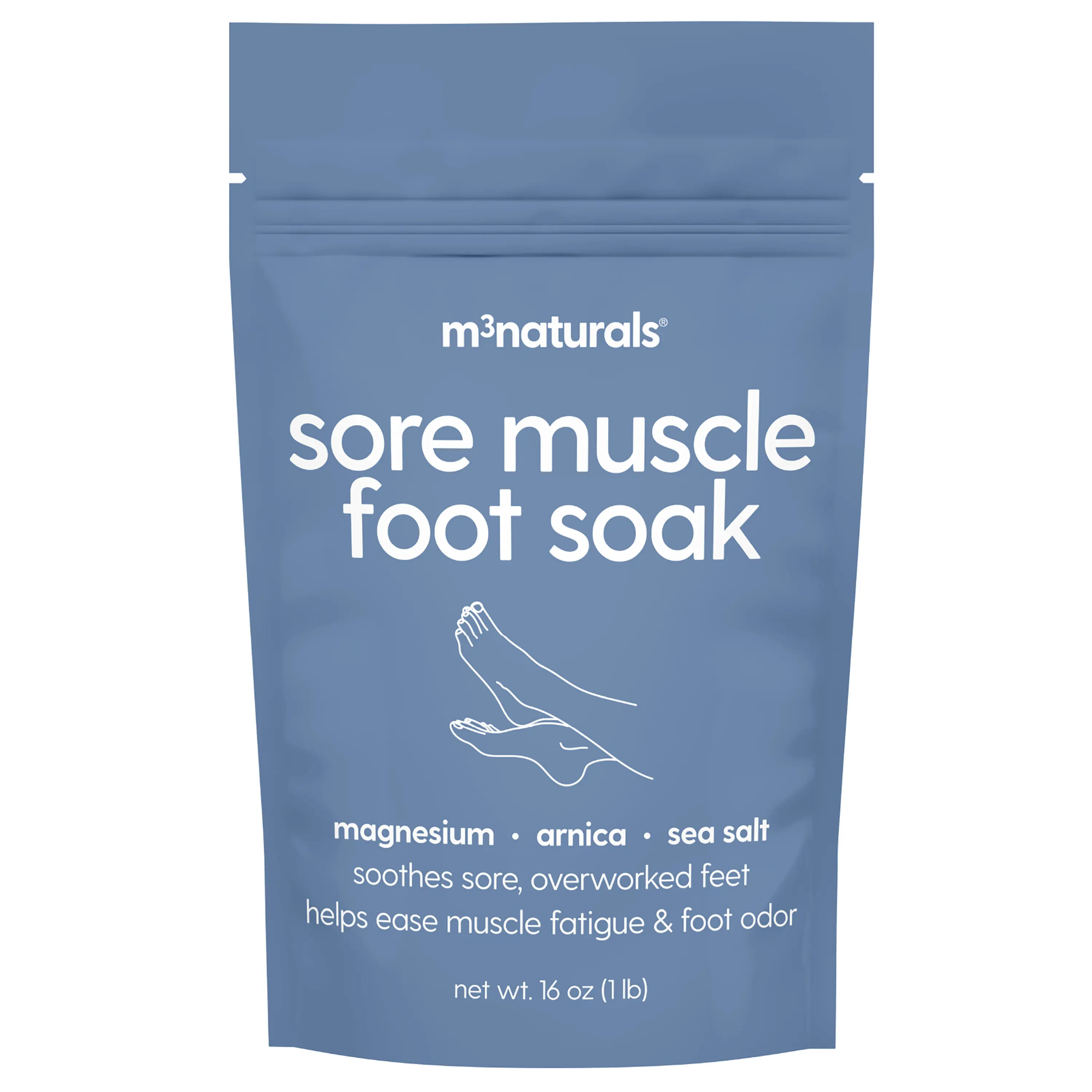 Sore Muscle Foot Soak, 16 oz | Relaxing & Exfoliating Magnesium Sea Salt Bath for Tired, Irritated, Itchy feet & Stubborn Calluses | Helps Deodorize | With Arnica, Eucalyptus & Peppermint | by M3