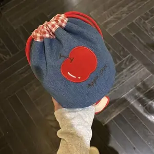 Denim Apple Drawstring Bag, Portable Makeup Pouch, Instant Camera Storage Bag, Home Organization, Convenient and Stylish