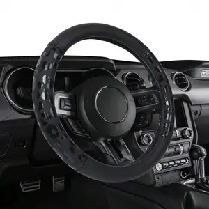 Auto Drive Black Leopard Faux Leather Steering Wheel Cover Universal Fit For Sedans SUVs Set Of 1