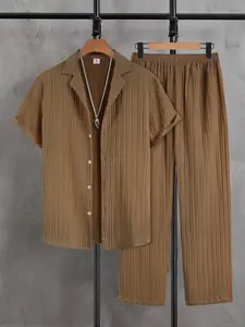 Men's Light Brown Textured Pleated Light Outdoor Casual Set - Short-Sleeve Rolled-Cuff Shirt (Lapel Collar) + Elastic-Waist Pants, Breathable Quick-Dry Fabric, Relaxed Oversize Fit, Wrinkle-Resistant Stylish Texture, Ideal for Summer Park Strolls, Coastal