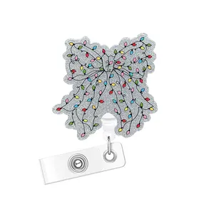 Christmas Badge Reel, Cute Bow Design Badge Clip Retractable with ID Holder, Nurse Work Accessories, Fun Rn Badge Reel with Belt Clip