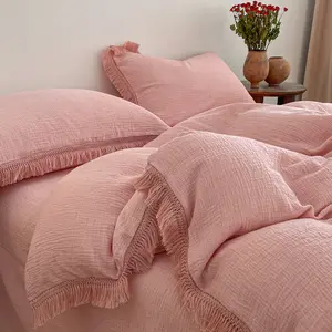 Cotton-like Soft with Tassels, French Lady Style, Includes 1 Duvet cover + 2 Pillowcases, Cloudy Skin-Friendly Fabric, No Core, Duvet Cover Sets