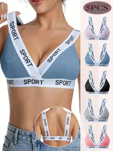 Women's Wireless Push-Up Sports Bra Set, Breathable Soft Elastic Knit Fabric, Color Contrast Letter Pattern Design, Comfortable Daily Wear
