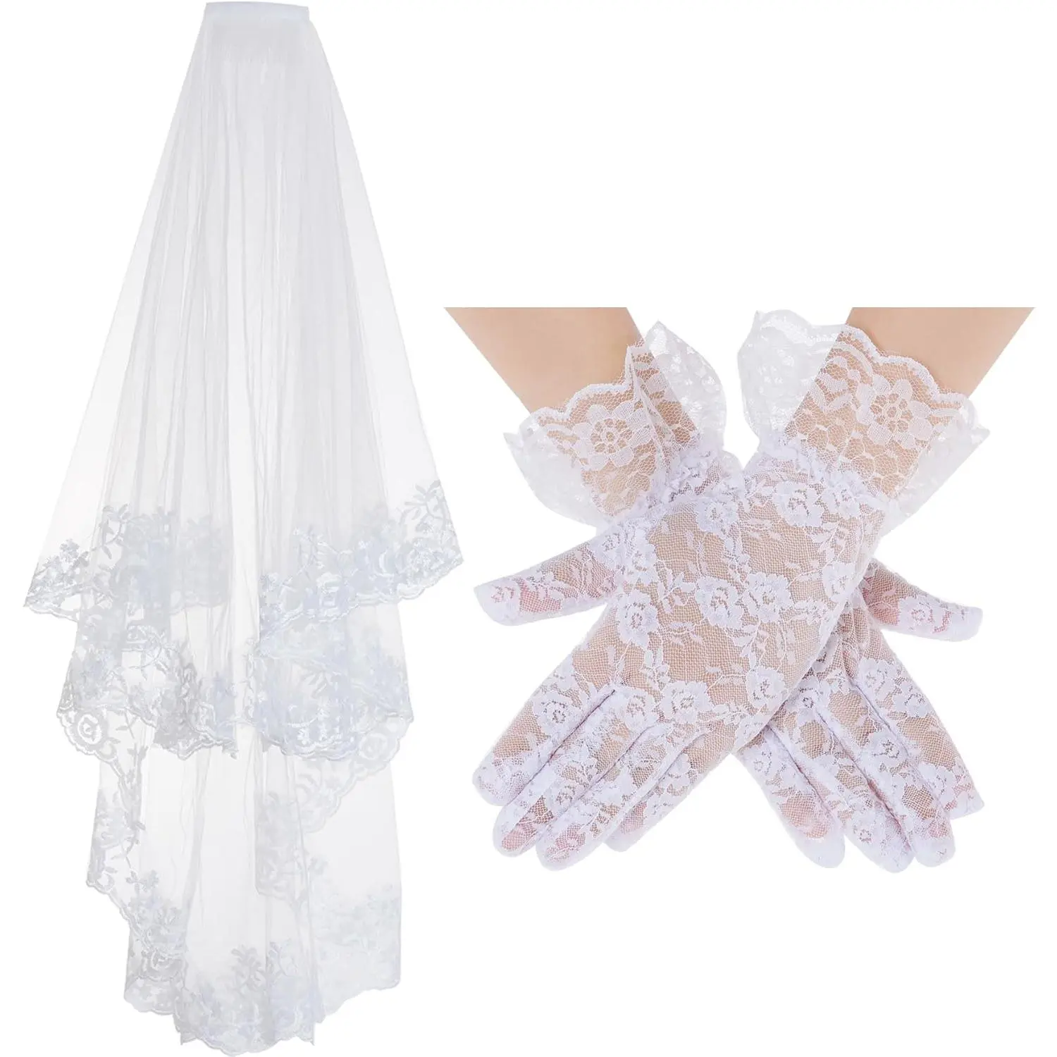 White Lace Wedding Veil Halloween Bridal Chapel Veil with Gloves for Women Brides Wedding Bridal Shower at Women’s Clothing store