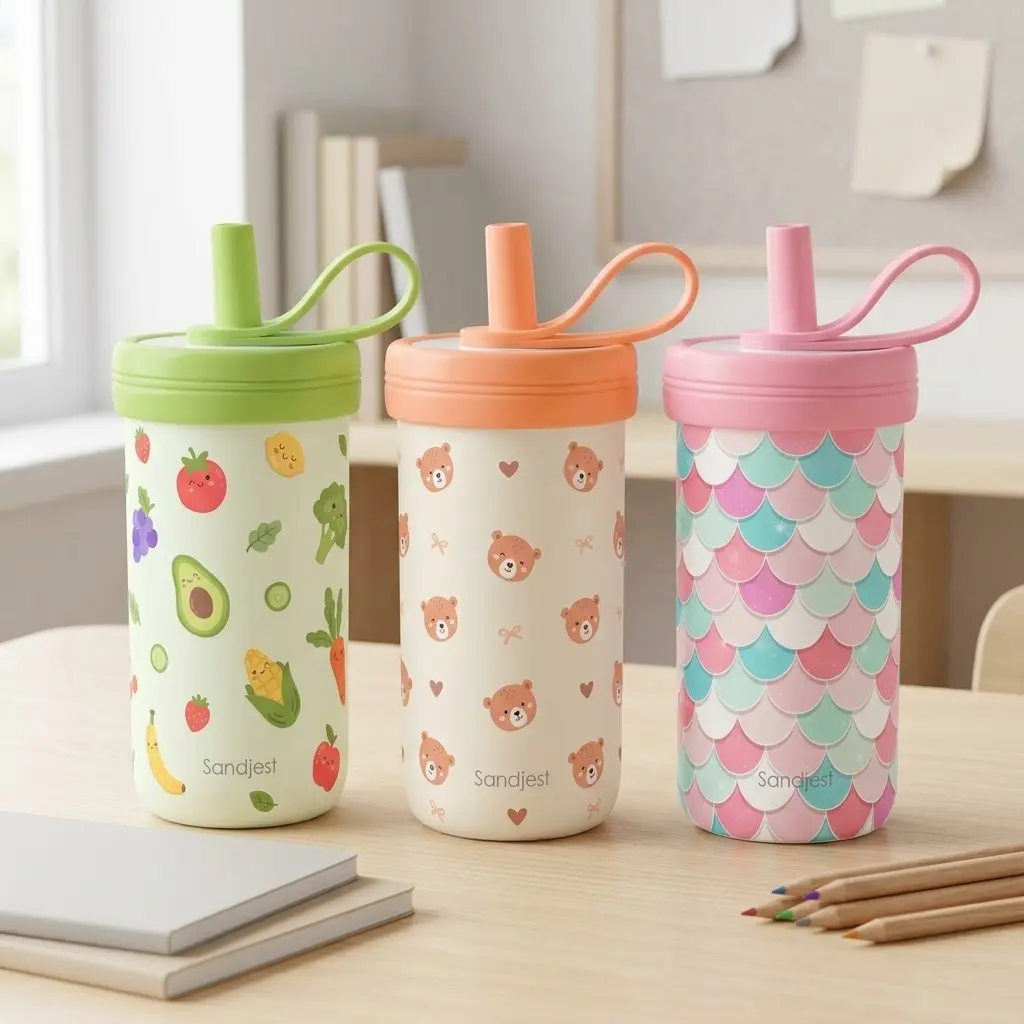SANDJEST 14oz Stainless Steel Kids Tumbler with Spill-resistant Silicone Straw & Lid, Reusable Portable Cup, Easy to Clean, Ideal for Back to School, Christmas, Birthday