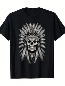 Men's summer round neck T-shirt, comfortable and fashionable retro casual loose large size T-shirt - [Men's skull headdress T-shirt] Skull Indian headdress shirt Indian skull chief men's 100% cotton T-shirt tops shirt