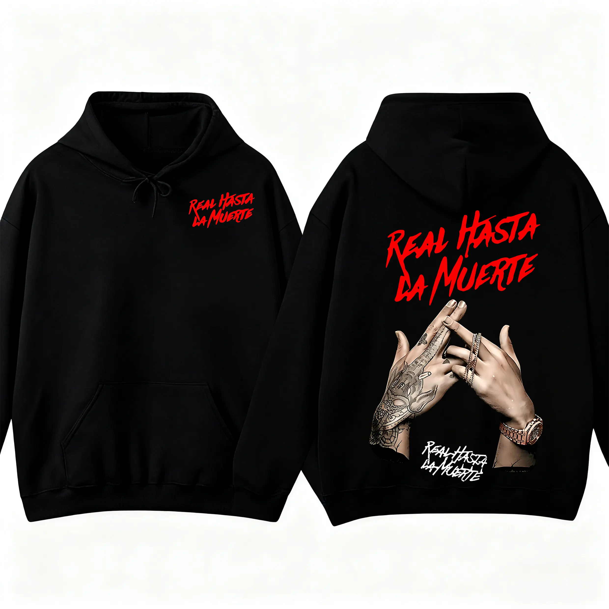 Graphic-Hoodie Real Hasta La Muerte Streetwear Sweatshirt, Tattooed Hands Bold Red Lettering Hoodie, Unisex Urban Fashion Long Sleeve Pullover, Casual Hip Hop Streetwear Top
