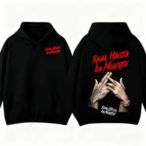 Real Hasta La Muerte Graphic Hoodie Streetwear Sweatshirt with Tattooed Hands Bold Red Lettering Long Sleeve for Streetwear Lovers