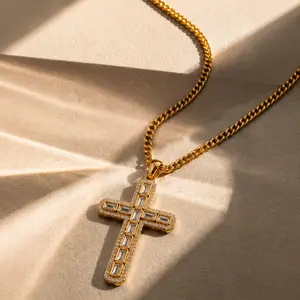 【AMKMAX】Iced Out 14K Gold Plated Cross Necklace - Luxury Timeless Jewelry for Him & Her  High Shine Hypoallergenic Cubic Zirconia Pendant