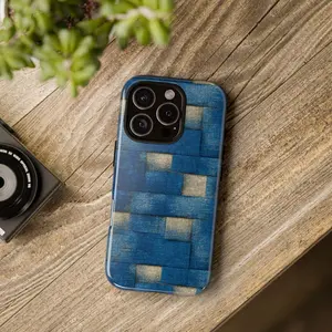 Blue Woven Pattern iPhone Case – Aesthetic Vintage Phone Case, Slim Shockproof Cover