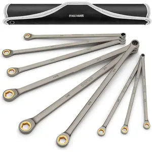 Extra Long Anti-Slip Ratcheting Wrench Set, Double Box End Wrench Set, 9-, SAE, 5/16", 11/32", 3/8", 7/16", 1/2", 9/16", 5/8", 11/16", 3/4", CR-V Steel, with Rolling Pouch