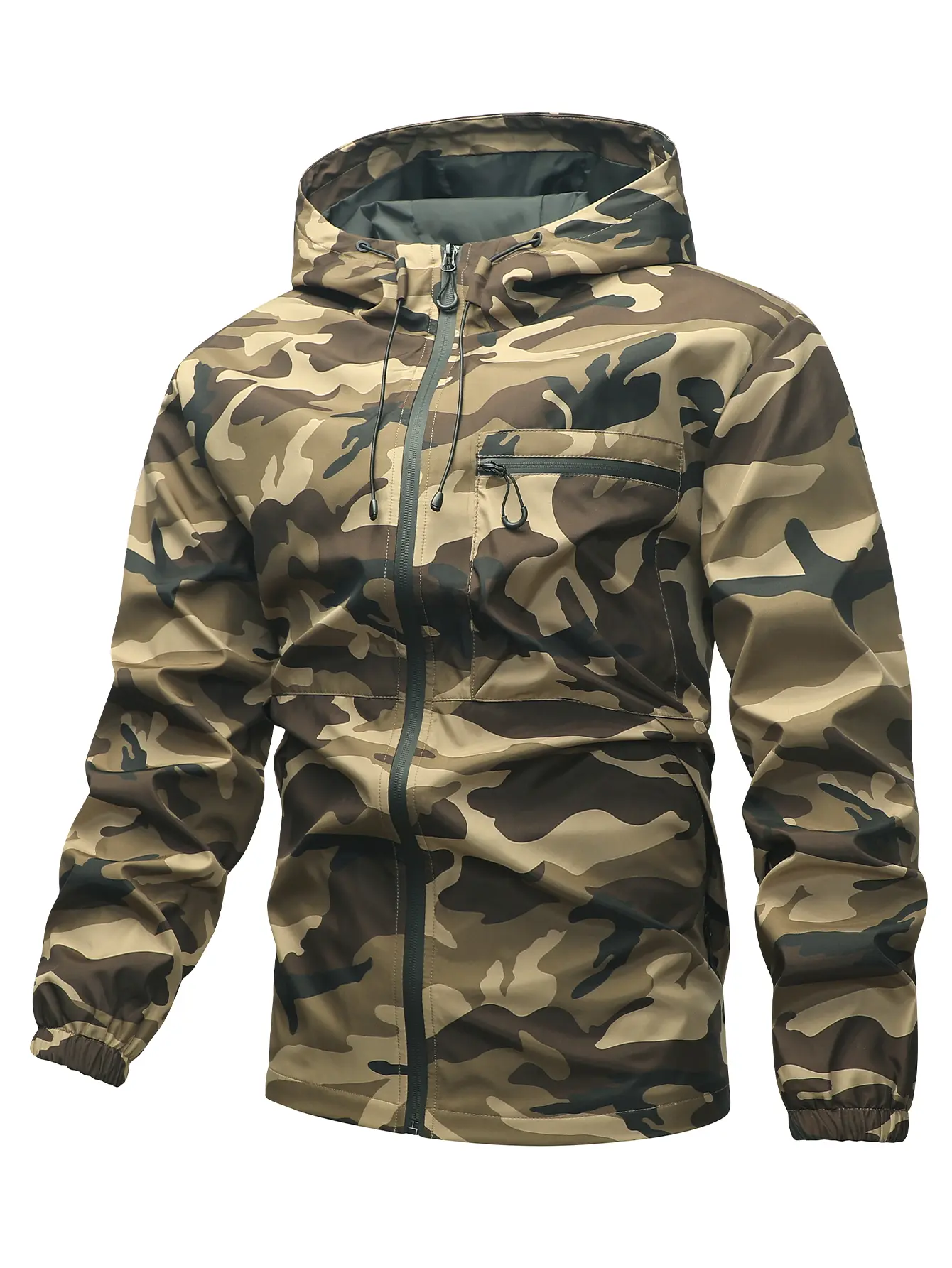 Vintage desert camouflage print drawstring hooded windproof jacket, full zip closure, loose fit, men’s everyday wear for fishing and hunting, lightweight polyester outerwear