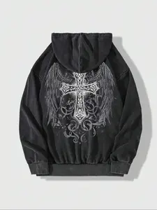 Gothic Cross Wings Print Zip Hoodie, Trendy Streetwear, Cotton Material, Tiktok Fashion Item, Fall & Winter Casual Style
