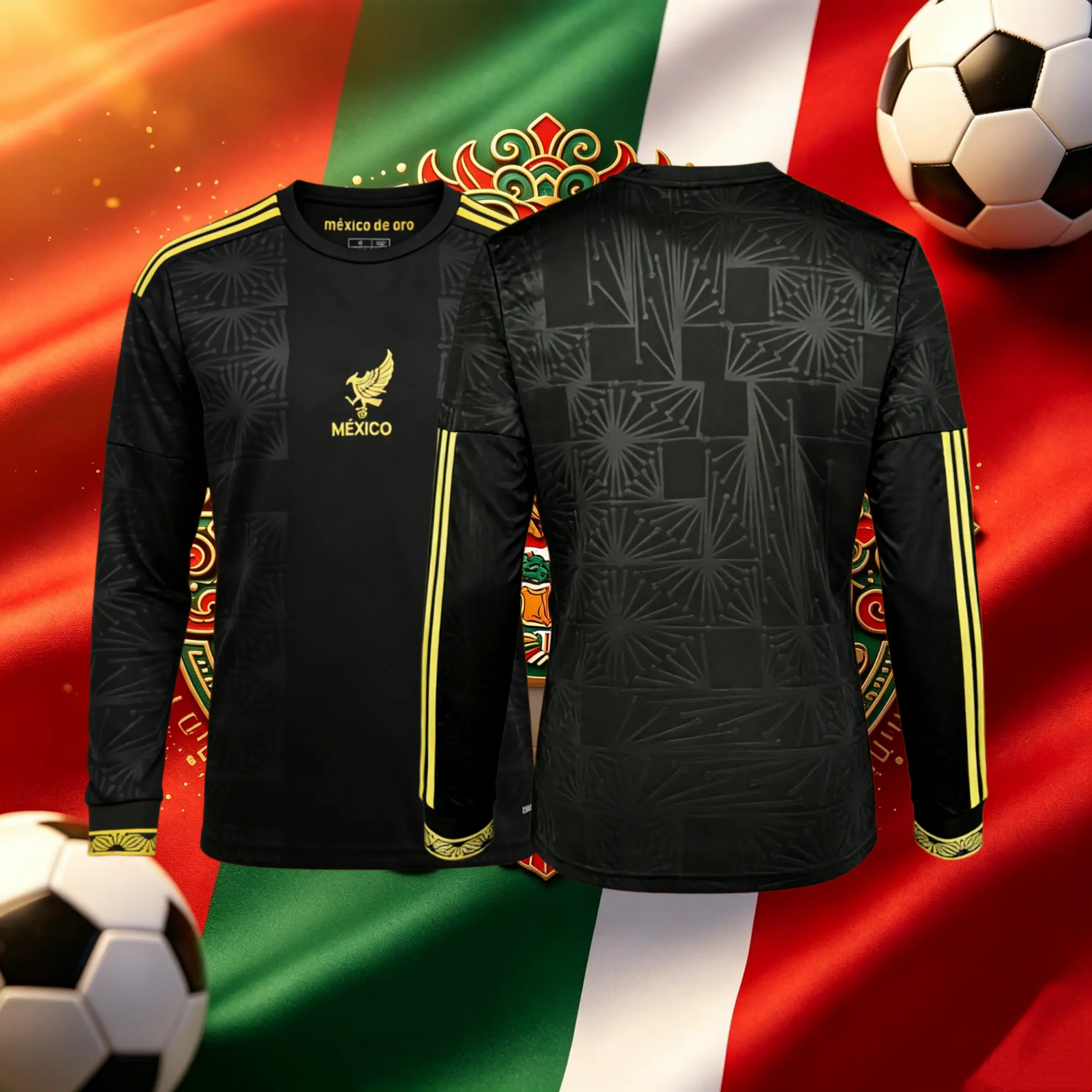 2025 Mexico National Home Long Sleeve Soccer Jersey Black and Gold Soccer Jersey Fans Version