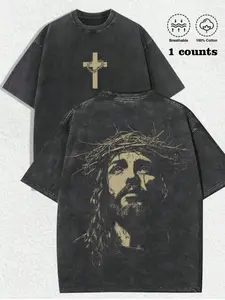 1pc Unisex Christian Graphic T-Shirt Jesus Cross Retro Acid Wash Print Wrinkle Resistant Polyester Oversized Streetwear Tee for Men and Women